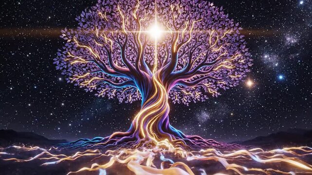 Cosmic tree of life illustrative digital artwork against a starry night sky