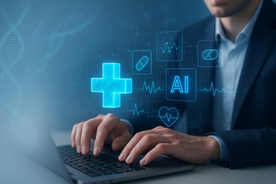 Businessman using laptop with futuristic medical technology interface showing AI healthcare concept and digital health icons on virtual screen. Ai generative