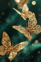 Elegant Gold Filigree Butterflies Floating on Emerald Silk Background