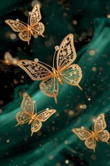 Luxurious Diamond-Studded Gold Butterflies on Dark Emerald Fabric