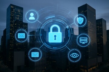 Futuristic cybersecurity technology concept showing digital padlock and security icons over modern cityscape background at dusk with glowing lights. Ai generative