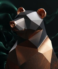 Geometric Metallic Bear Sculpture with Copper and Gold Faceted Surfaces