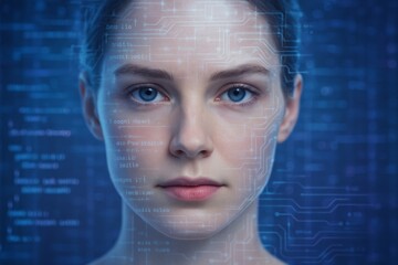 Futuristic woman with digital circuit overlay on face symbolizing artificial intelligence and human-machine integration in modern technology concept. Ai generative
