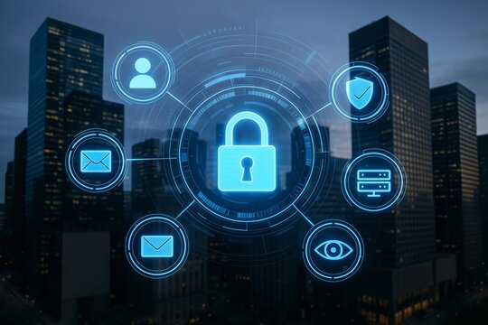 Futuristic cybersecurity technology concept showing digital padlock and security icons over modern cityscape background at dusk with glowing lights. Ai generative