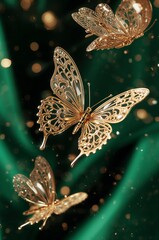Ornate Gold Butterflies with Crystal Accents Floating in Soft Emerald Motion
