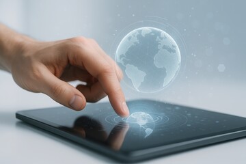 Futuristic concept of global digital connectivity with hand interacting with holographic Earth on tablet screen in modern technology environment. Ai generative