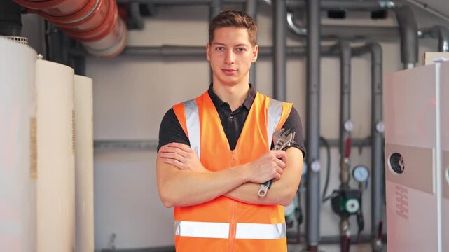 Confident technician standing in industrial boiler room, holding wrench. Professional worker plumber ready for maintenance and repair tasks, exuding reliability and capability.