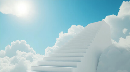 Naklejka premium White stairs leading up to white clouds in blue sky concept of success and dreams