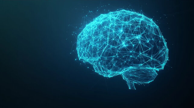 Blue glowing polygon brain mesh representing artificial intelligence and science