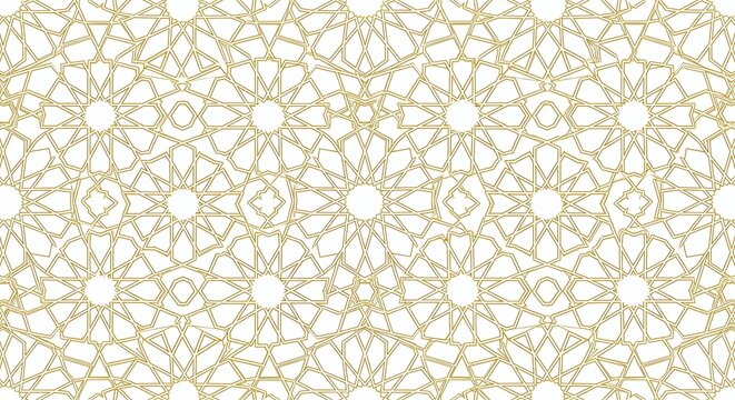 Intricate golden geometric pattern seamless background, inspired by Islamic art and architecture, perfect for luxury design elements and decorative applications