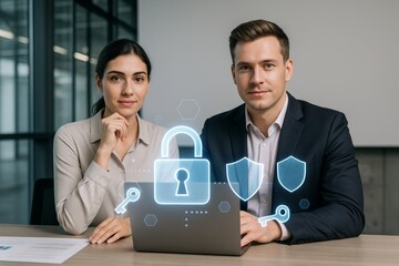 Professionals at desk with digital padlock and shield icons representing cybersecurity and data protection technology concept in office environment. Ai generative