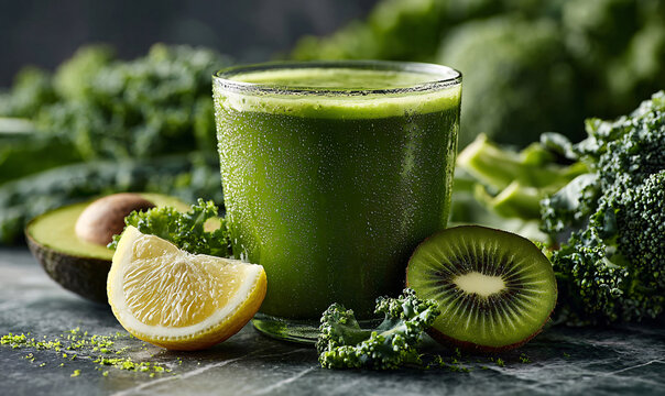 Fresh Green Smoothie in Gla
ss with Kale Lemon Kiwi Healthy Detox Juice Drink AI Generated