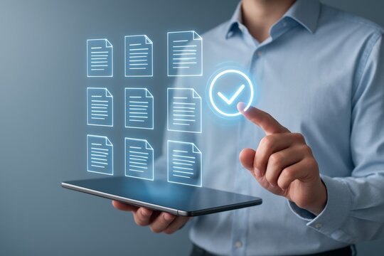 Businessman using digital document approval interface with futuristic holographic icons and tablet device in modern technology concept scene. Ai generative