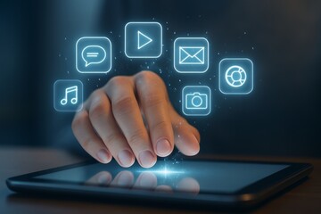 Person interacting with futuristic digital icons on tablet screen, representing innovation and modern communication concept in technology field. Ai generative