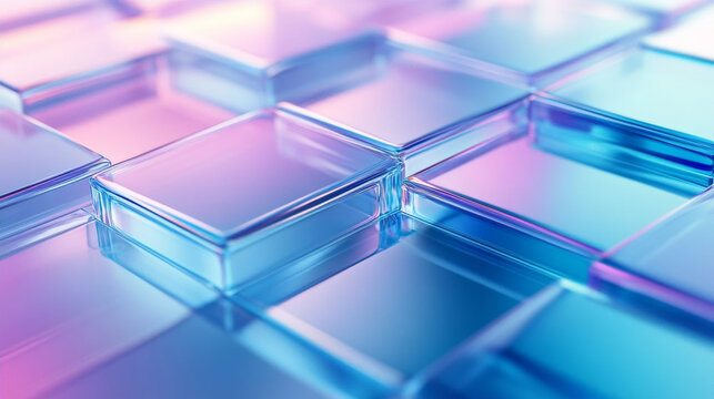 Abstract blue transparent glass plates layered background with light reflection