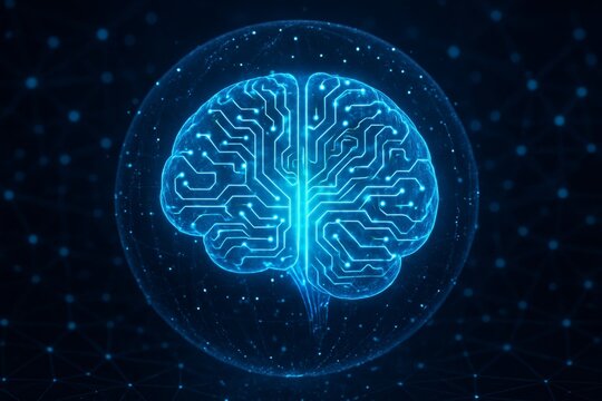 Glowing digital brain with circuit pattern symbolizing artificial intelligence technology in futuristic style on dark background concept visualization. Ai generative
