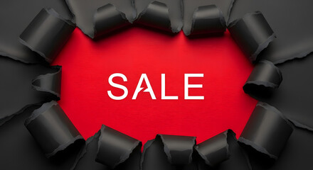 A striking sale advertisement featuring the word sale in white against a vibrant red backdrop, surrounded by torn black paper
