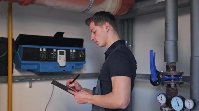 Skilled professional meticulously checks industrial system controls, carefully records essential data. Diligent attention ensures reliable operation, reflecting focused, serious commitment.