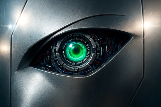 Close-up view of a futuristic robot eye with glowing green iris, mechanical details and wires in a metallic faceplate, symbolizing advanced technology concept. Ai generative