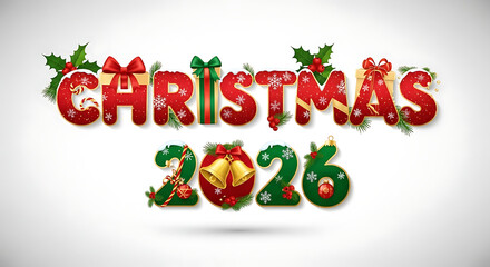 Festive christmas 2026 text design with red glitter letters, green numbers, holly, and gift box decoration isolated on white background