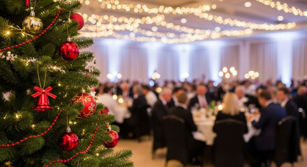 A decorated christmas tree, ornaments, professional business people office meeting, colleagues, conference room - teamwork, discussion, collaboration, seminar, dinner party, corporate social event