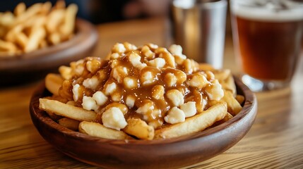 Canadian poutine fries cheese curds gravy wooden plate on bar counter no person shown