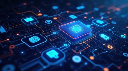 Digital data flow on illuminated circuit board with processor