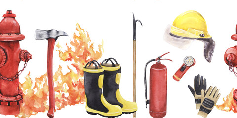 Watercolor firefighting equipment seamless border illustration