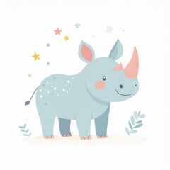 cartoon rhino, minimalist flat hand-drawn lines, muted pastel colors, kids illustration style, white background