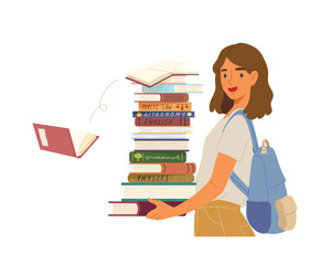 Woman holding huge pile of books isolated on white background. Concept of studying, learning, school, reading, knowledge, library, book lover, education, student. Flat vector illustration character.