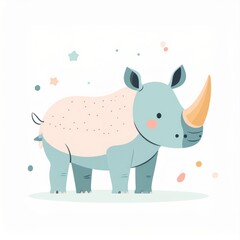 cartoon rhino, minimalist flat hand-drawn lines, muted pastel colors, kids illustration style, white background
