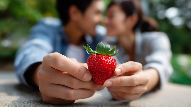 Close-up of two hands holding a strawberry together, couple blurred in the background as they lean toward each other, gentle romantic atmosphere, with copy space - Powered by Adobe