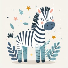 cartoon zebra, minimalist flat hand-drawn lines, muted pastel colors, kids illustration style, white background