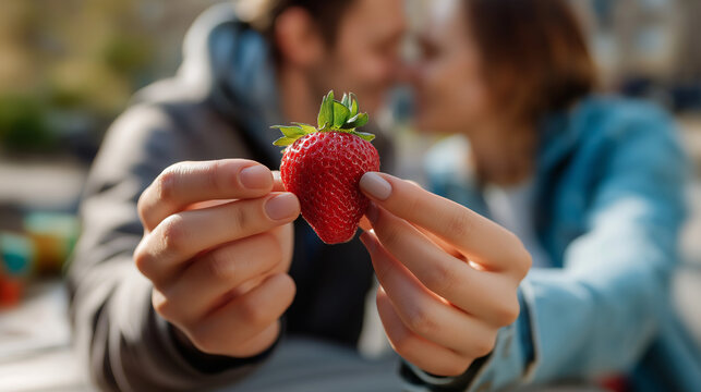 Close-up of two hands holding a strawberry together, couple blurred in the background as they lean toward each other, gentle romantic atmosphere, with copy space - Powered by Adobe