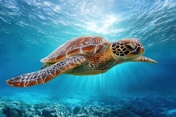 Fototapeta premium Sea Turtle Swimming Underwater With Sunlight Rays Through Clear Blue Ocean Water; Marine Life And Coral Reefs; Aquatic Wildlife Conservation