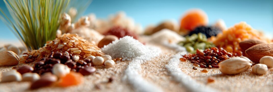 Dry ingredients and healthy superfoods on sand
