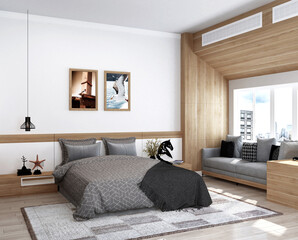Modern Minimalist Bedroom Interior with Wood Accents and Sofa