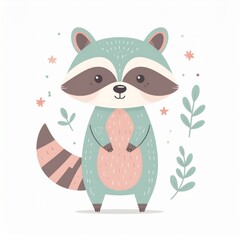 cartoon raccoon, minimalist flat hand-drawn lines, muted pastel colors, kids illustration style, white background