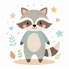 cartoon raccoon, minimalist flat hand-drawn lines, muted pastel colors, kids illustration style, white background