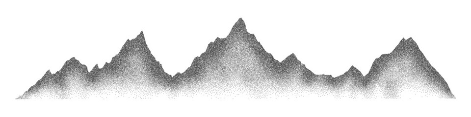 Grain noise stippled mountain range ridges terrain texture landscape vector illustration. Grunge pointillism mountain range stipple landscape halftone effect shape sand texture.