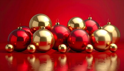 Bright red glass Christmas baubles and gold ornaments on a festive holiday tree background for celebration