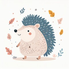 cartoon hedgehog, minimalist flat hand-drawn lines, muted pastel colors, kids illustration style, white background