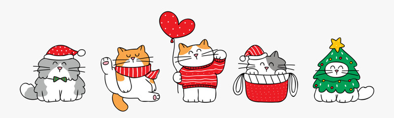 Vector Illustration of Cartoon Christmas Cat Characters on Isolated Background. Hand Drawn Vector Illustration.