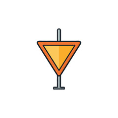 Obraz premium Vibrant yellow triangular warning sign mounted on posts alerting drivers to hazards ahead on road