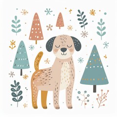 cartoon dog, minimalist flat hand-drawn lines, muted pastel colors, kids illustration style, white background