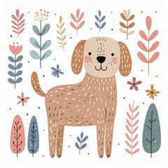 cartoon dog, minimalist flat hand-drawn lines, muted pastel colors, kids illustration style, white background