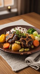 Delicious Oxtail Stew with Rice and Peas on a Plate.