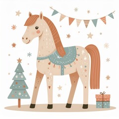 cartoon horse, minimalist flat hand-drawn lines, muted pastel colors, kids illustration style, white background