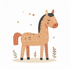 cartoon horse, minimalist flat hand-drawn lines, muted pastel colors, kids illustration style, white background
