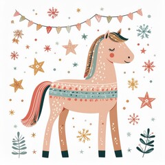 cartoon horse, minimalist flat hand-drawn lines, muted pastel colors, kids illustration style, white background